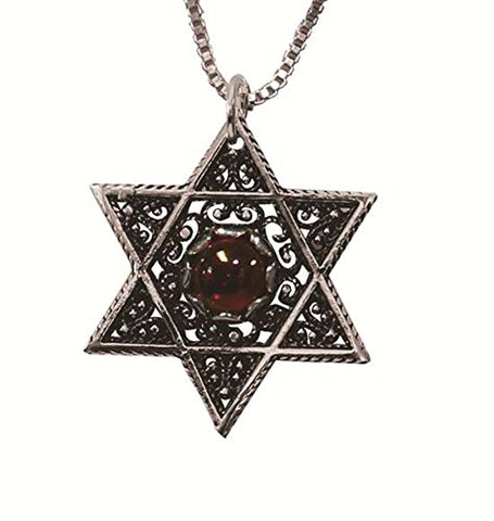 Silver Star Of David Necklace With Red Stone - Chain 16 inch  Pendant 7/8 inch  W X 1 inch  H