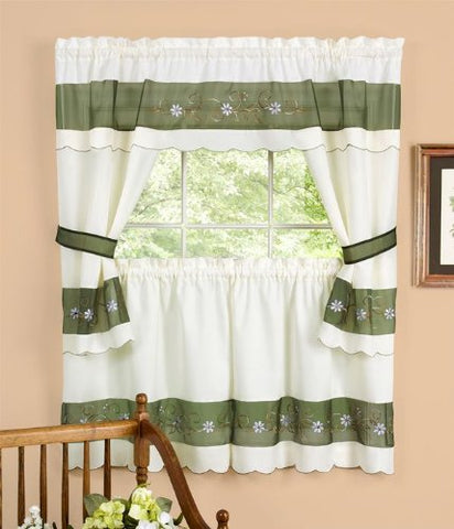 Ben&Jonah Collection Berkshire Embellished Cottage Window Curtain Set - 58x36 Tailored Tier Pair/58x36 Tailored Topper with attached swaggers and tiebacks. - Green