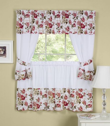 Park Avenue Collection Wisteria Embellished Cottage Set - 58x24 Tailored Tier Pair/58x36 Tailored Topper with attached swaggers and tiebacks. - Rose