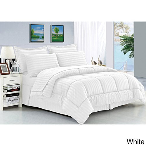 Ben&Jonah Designer Plush Queen 8 Piece Set: Embossed Dobby Stripe Microfiber Bed In A Bag -White
