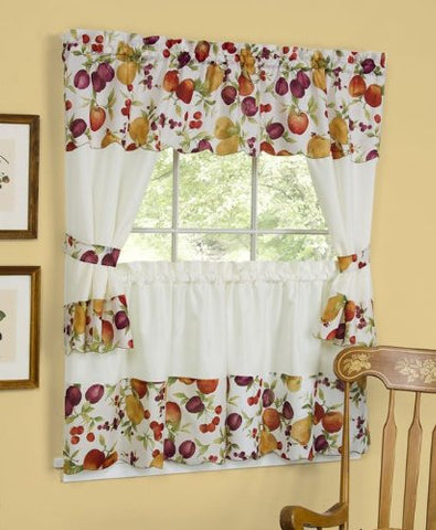 Ben&Jonah Collection Chesapeake Embellished Cottage Window Curtain Set - 58x24 Tailored Tier Pair/58x36 Tailored Topper with attached swaggers and tiebacks. - Multi