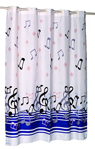 Royal Bath Easy On No Hooks Needed Stall Size (54 inch  x 78 inch ) Fabric Shower Curtain with Built in Hooks - Blue Note