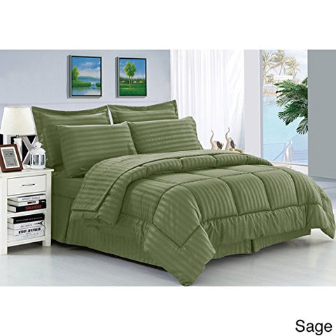 Ben&Jonah Designer Plush King 8 Piece Set: Embossed Dobby Stripe Microfiber Bed In A Bag -Sage