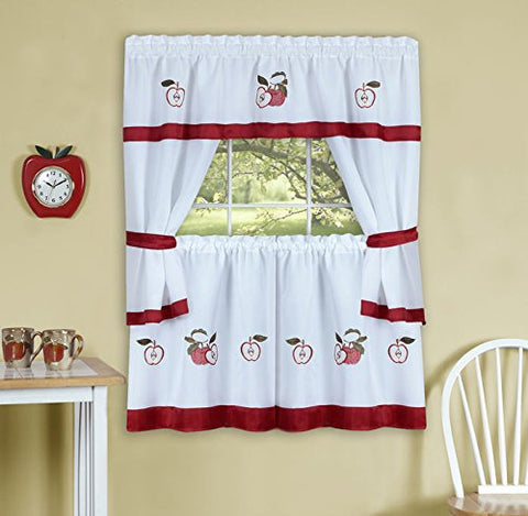 Ben&Jonah Collection Gala Embellished Cottage Window Curtain Set - 58x24 Tailored Tier Pair/58x36 Tailored Topper with attached swaggers and tiebacks. - Rose