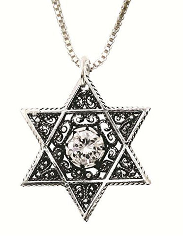 Silver Star Of David Necklace With Zircon - Chain 16 inch  Pendant 7/8 inch  W X 1 inch  H