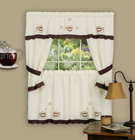 Ben&Jonah Collection Cuppa Joe Embellished Cottage Window Curtain Set - 58x24 Tailored Tier Pair/58x36 Tailored Topper with attached swaggers and tiebacks. - Brown