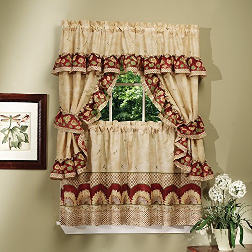 Ben&Jonah Collection Sunflower Cottage Window Curtain Set - 57x24 Tier Pair/57x36 Ruffled Topper with attached valance and tiebacks. - Antique
