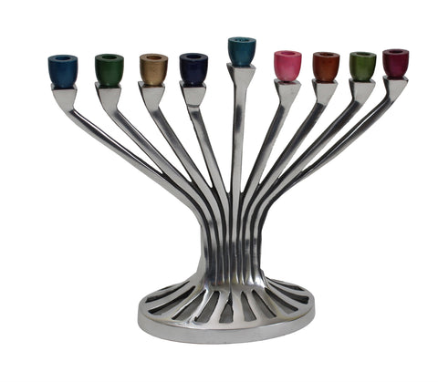 Ben&Jonah Metal Aluminium Menorah Nickel Plated Finish & Colorful Cups - 9.5H x 10"W