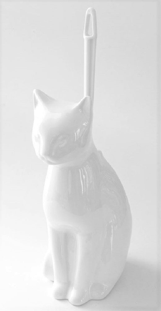 Royal Bath Meow Meow Clean Cat Decorative Ceramic Toilet Brush Holder with Toilet Brush (10.5"H x 7"W x 5"D) - White