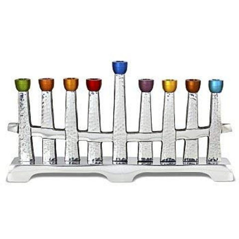 Ben&Jonah Polished Aluminum Metal Menorah with Colored Caps-Hammered Look-11 L x 6" H