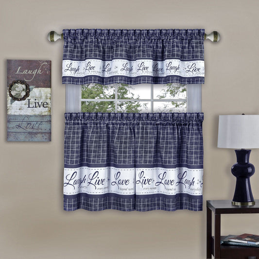Traditional Elegance Live, Love, Laugh Window Curtain Tier Pair and Valance Set - 58x36 - Navy