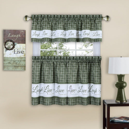 Traditional Elegance Live, Love, Laugh Window Curtain Tier Pair and Valance Set - 58x24 - Green
