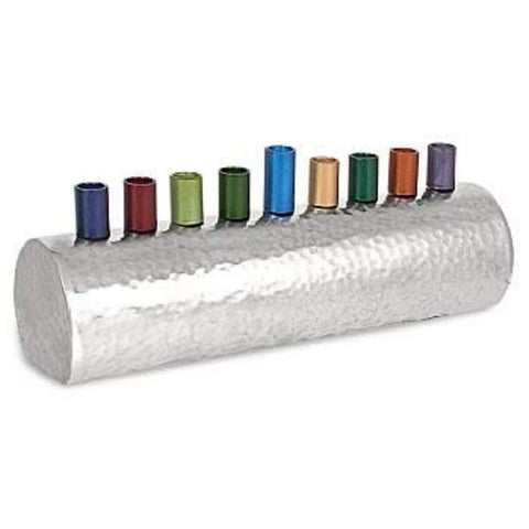 Ben&Jonah Hammered Stainless Steel Menorah-Colorful Aluminum Metal Caps- 8" L x 2" 3/4 H